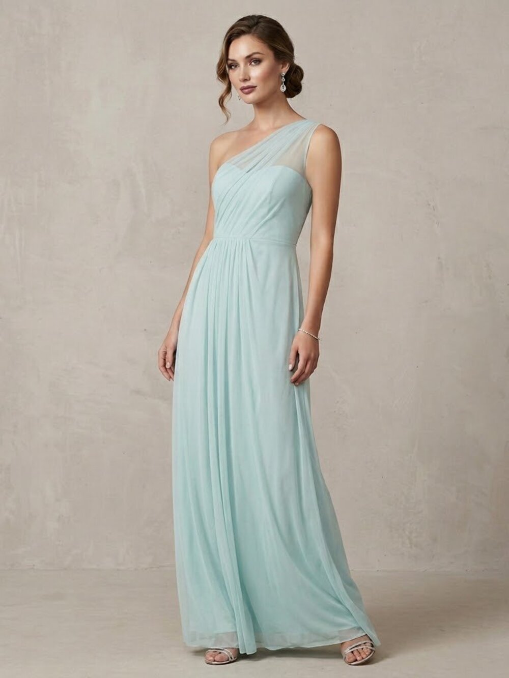 David's Bridal One Shoulder Mesh Maxi Dress Mint Color NEW